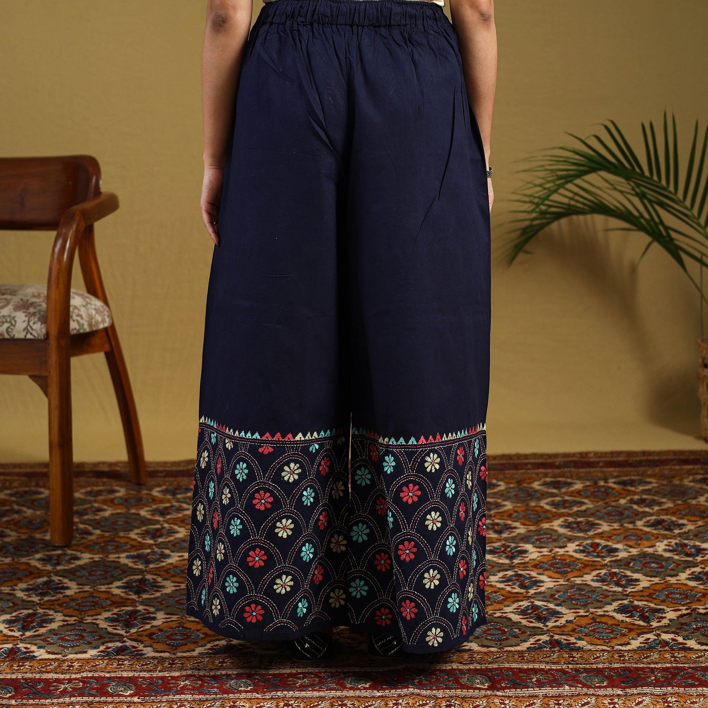  Blue Cotton Bengal Kantha Hand Embroidery Palazzo