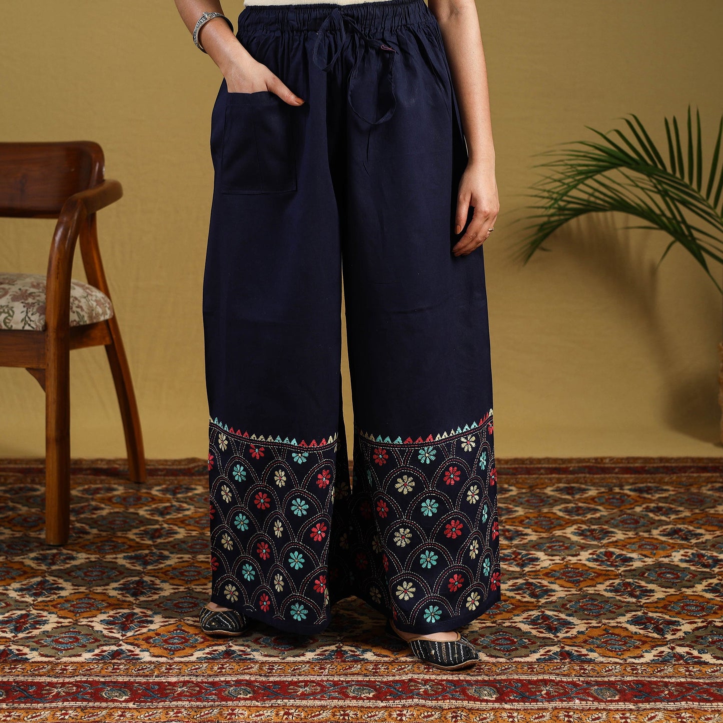  Blue Cotton Bengal Kantha Hand Embroidery Palazzo