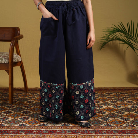  Blue Cotton Bengal Kantha Hand Embroidery Palazzo