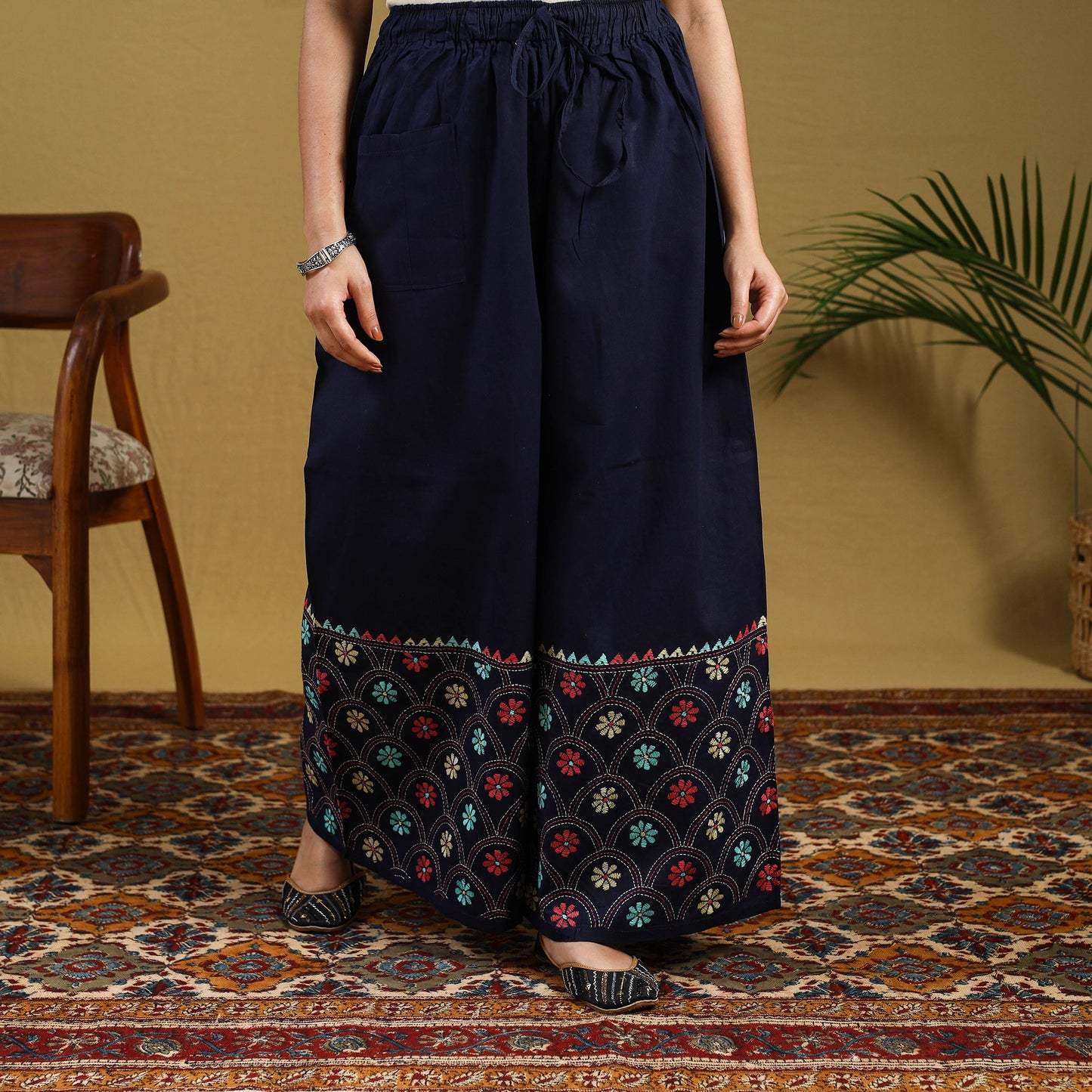  Blue Cotton Bengal Kantha Hand Embroidery Palazzo