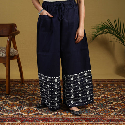 Buy Blue Cotton Bengal Kantha Hand Embroidery Palazzo