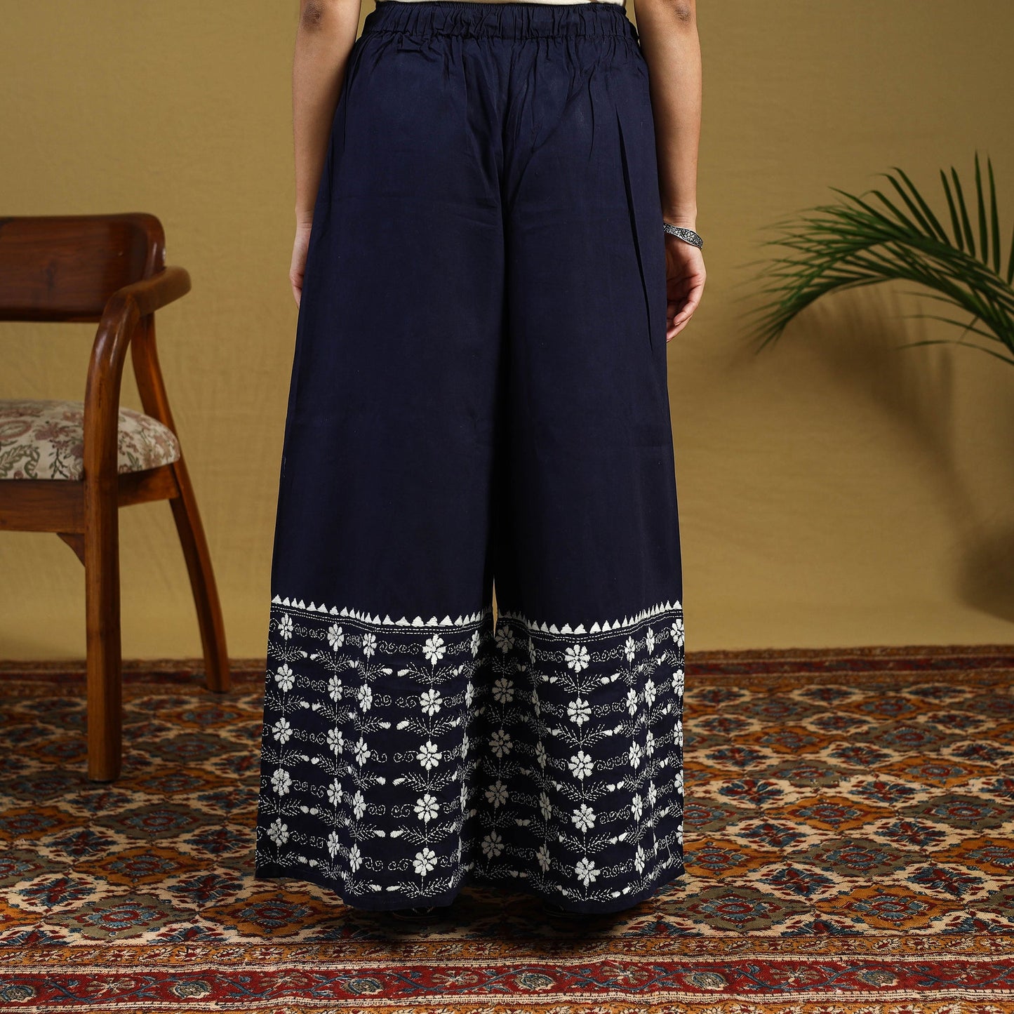 Buy Blue Cotton Bengal Kantha Hand Embroidery Palazzo