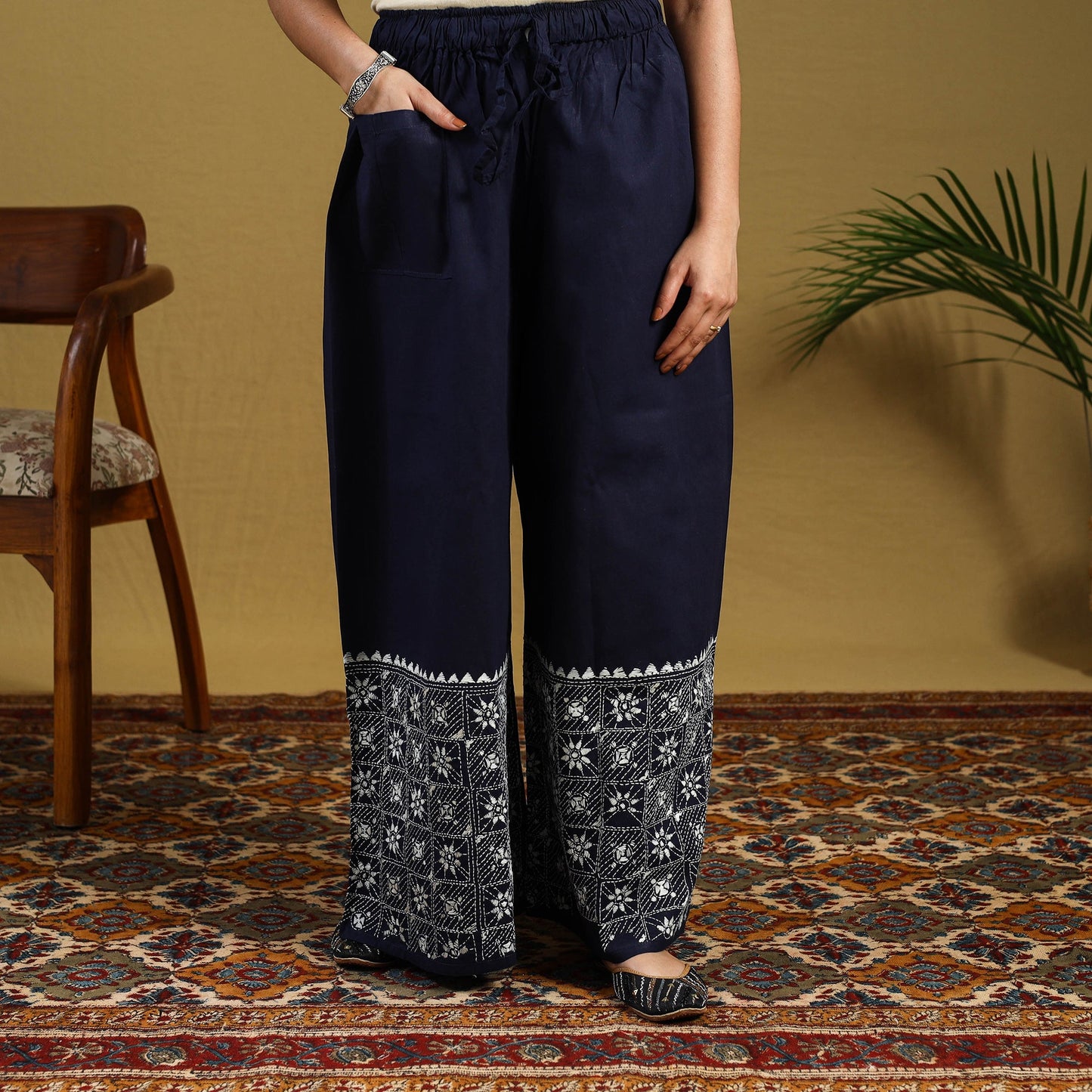 Buy Cotton Bengal Kantha Hand Embroidery Palazzo