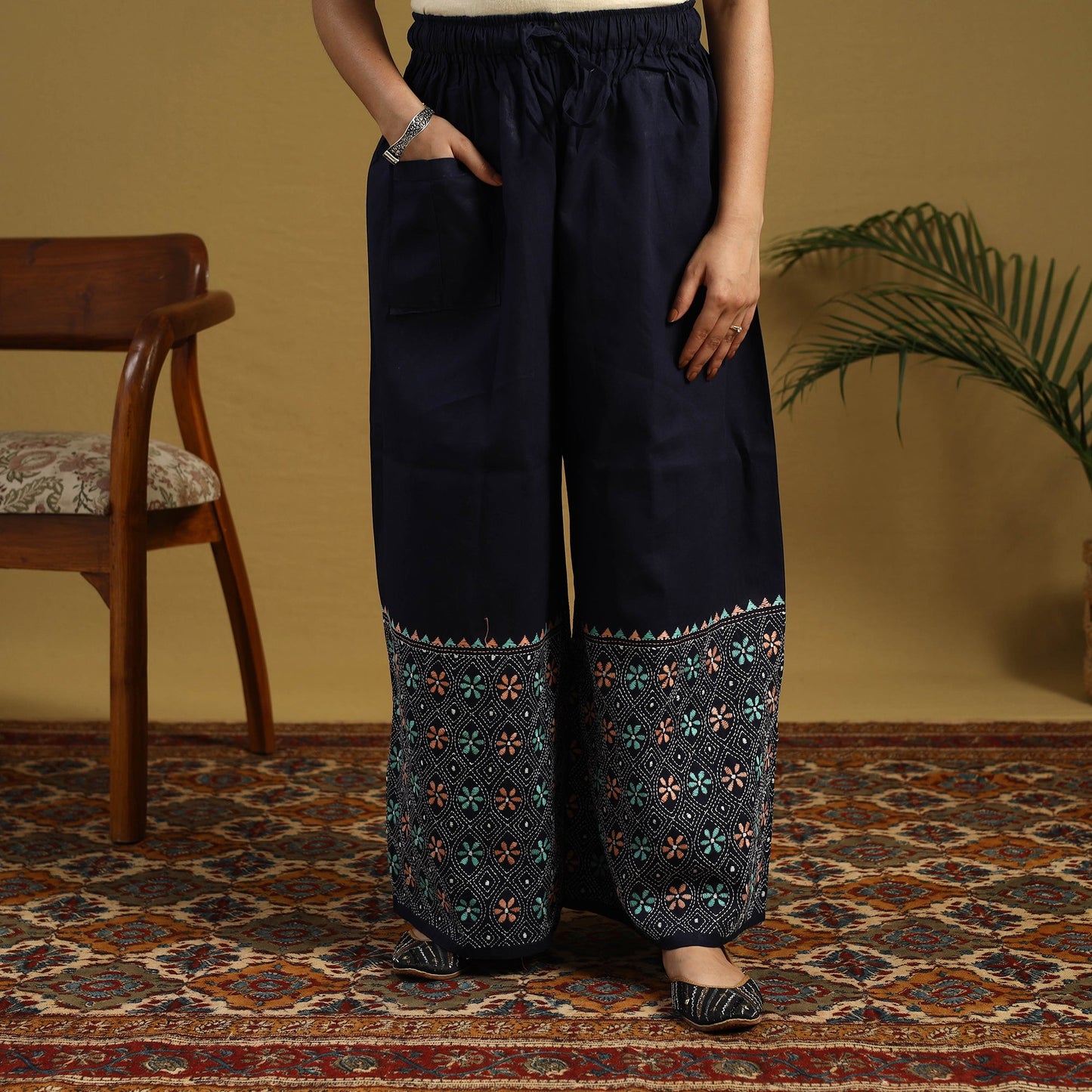 Buy Cotton Bengal Kantha Hand Embroidery Palazzo