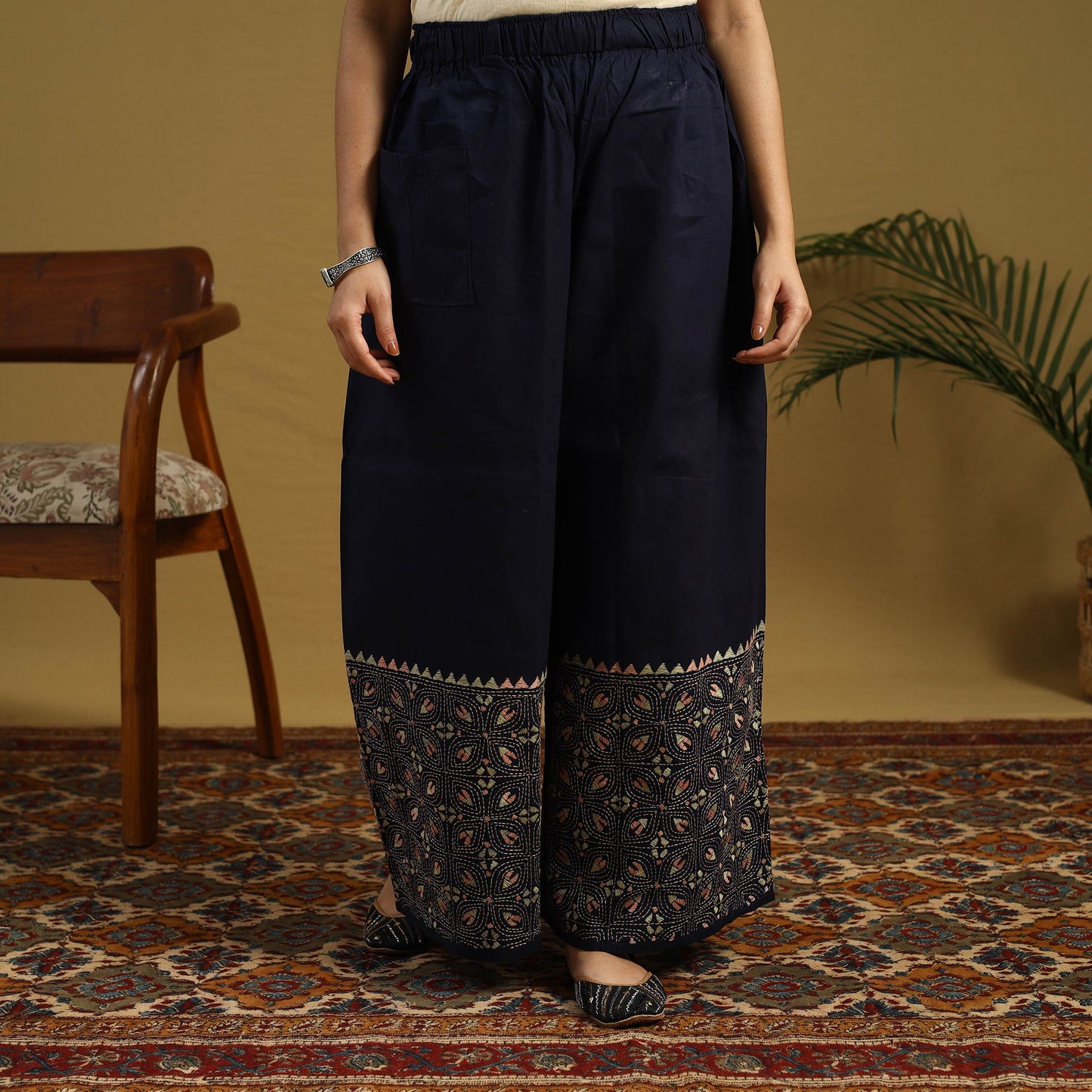 Buy Blue Cotton Bengal Kantha Hand Embroidery Palazzo