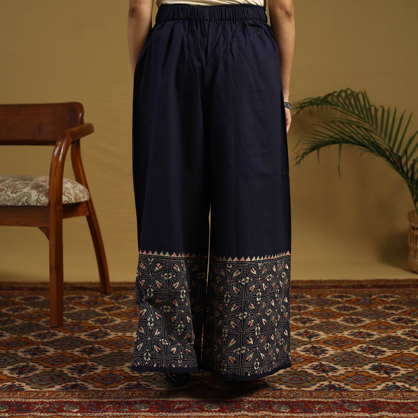 Buy Blue Cotton Bengal Kantha Hand Embroidery Palazzo