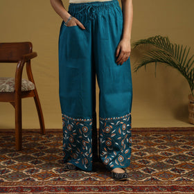 Buy Blue Cotton Bengal Kantha Hand Embroidery Palazzo