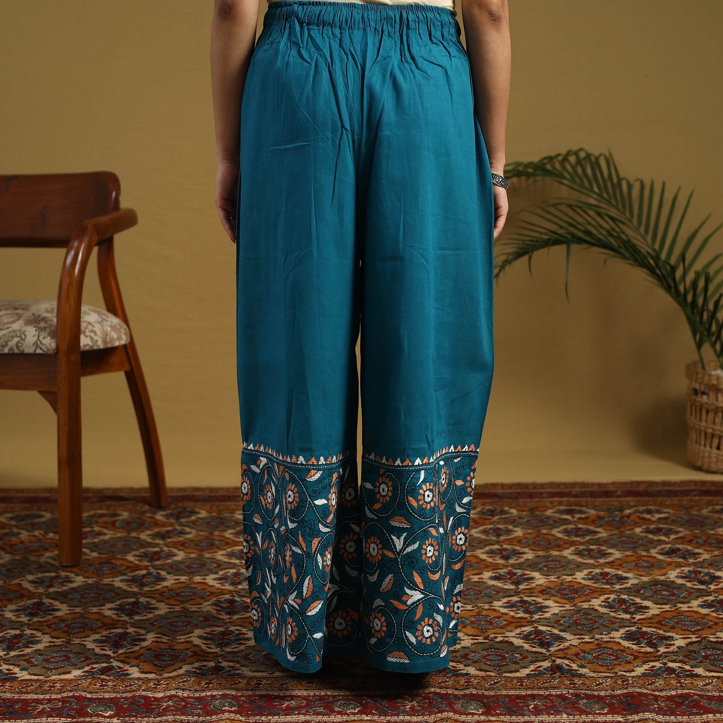 Buy Blue Cotton Bengal Kantha Hand Embroidery Palazzo