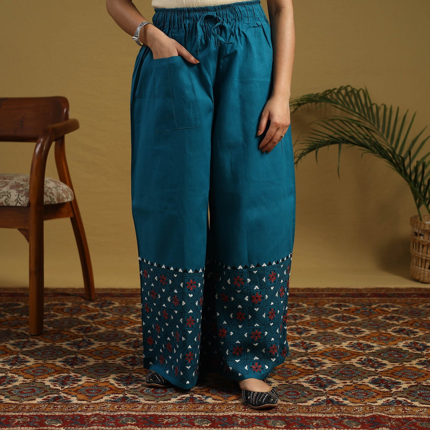 Buy Blue Cotton Bengal Kantha Hand Embroidery Palazzo