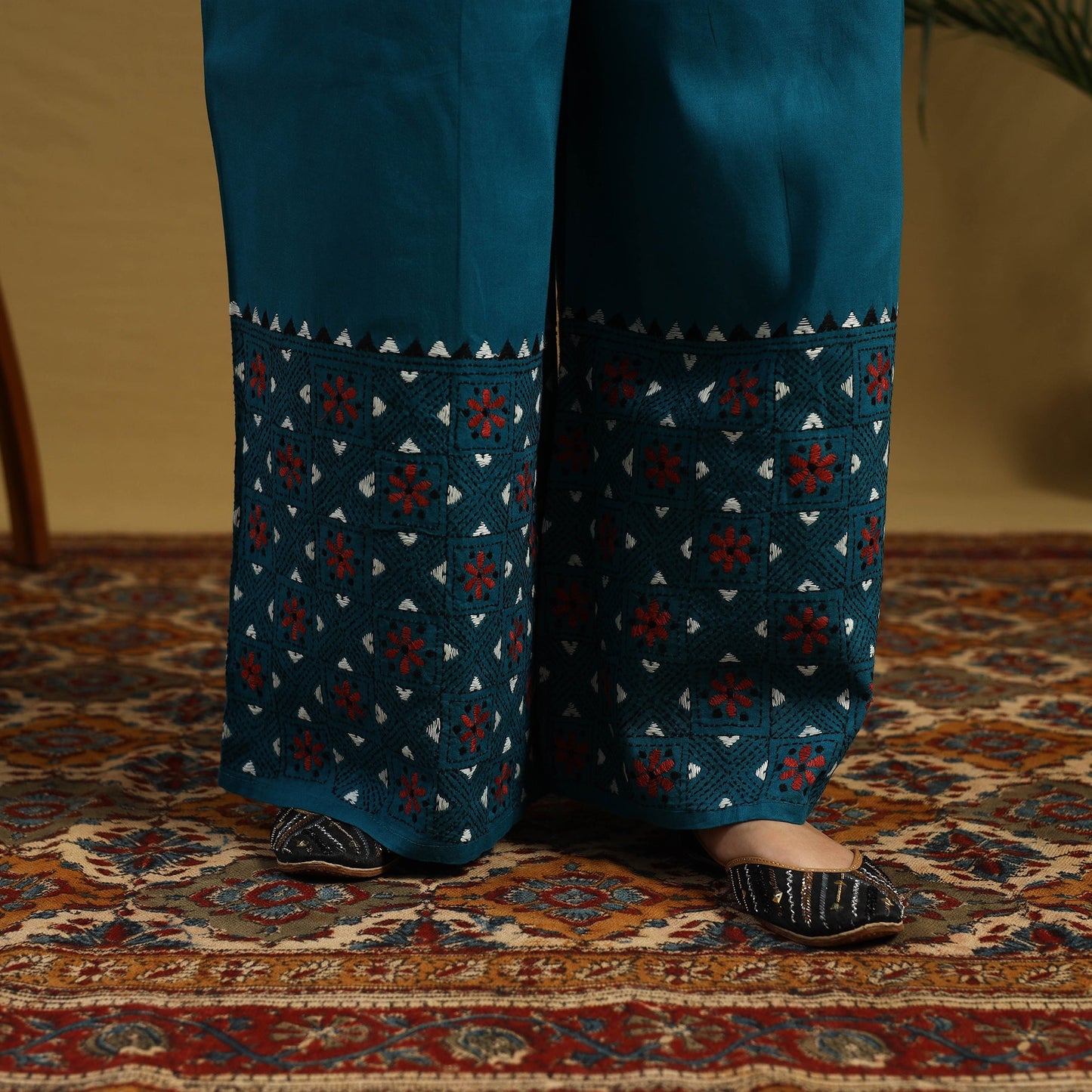 Buy Blue Cotton Bengal Kantha Hand Embroidery Palazzo