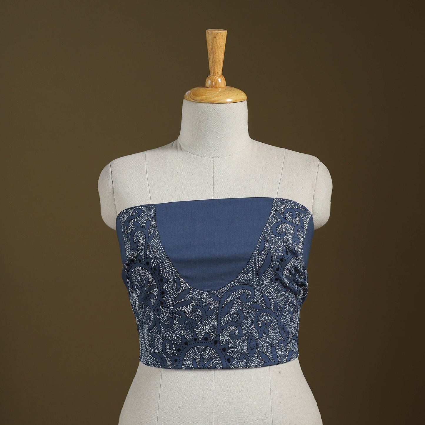 Blue Cotton Bengal Kantha Stitch Blouse Piece 