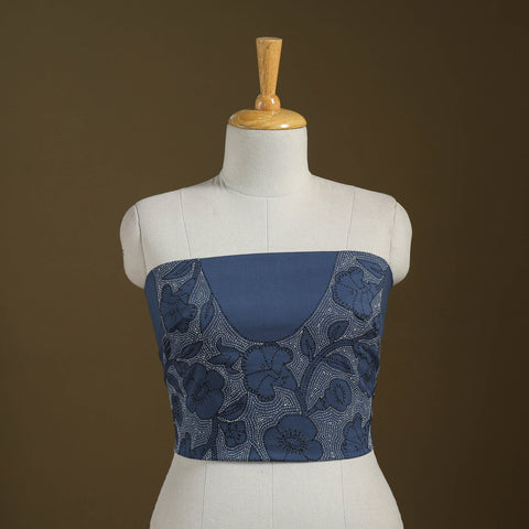 Blue Cotton Bengal Kantha Stitch Blouse Piece 