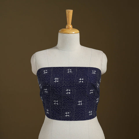 Blue Cotton Bengal Kantha Stitch Blouse Piece 