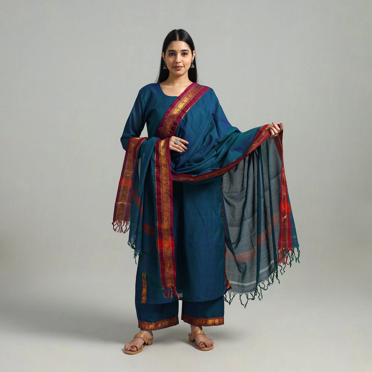 Blue - cotton dharwad kurta set with palazzo & dupatta 17
