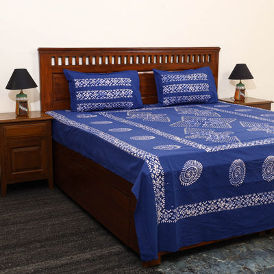 Blue - cotton double hand batik bed sheet set 07