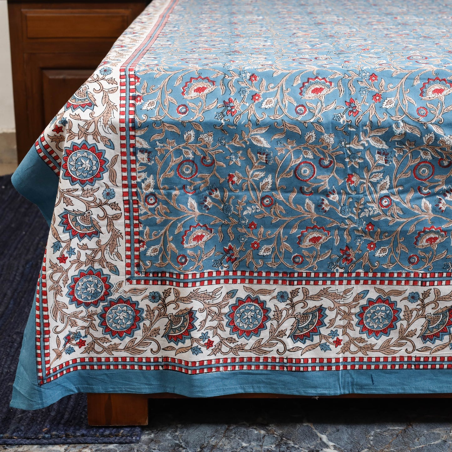 Blue - cotton double sanganeri bed sheet set (108 x 90 in)