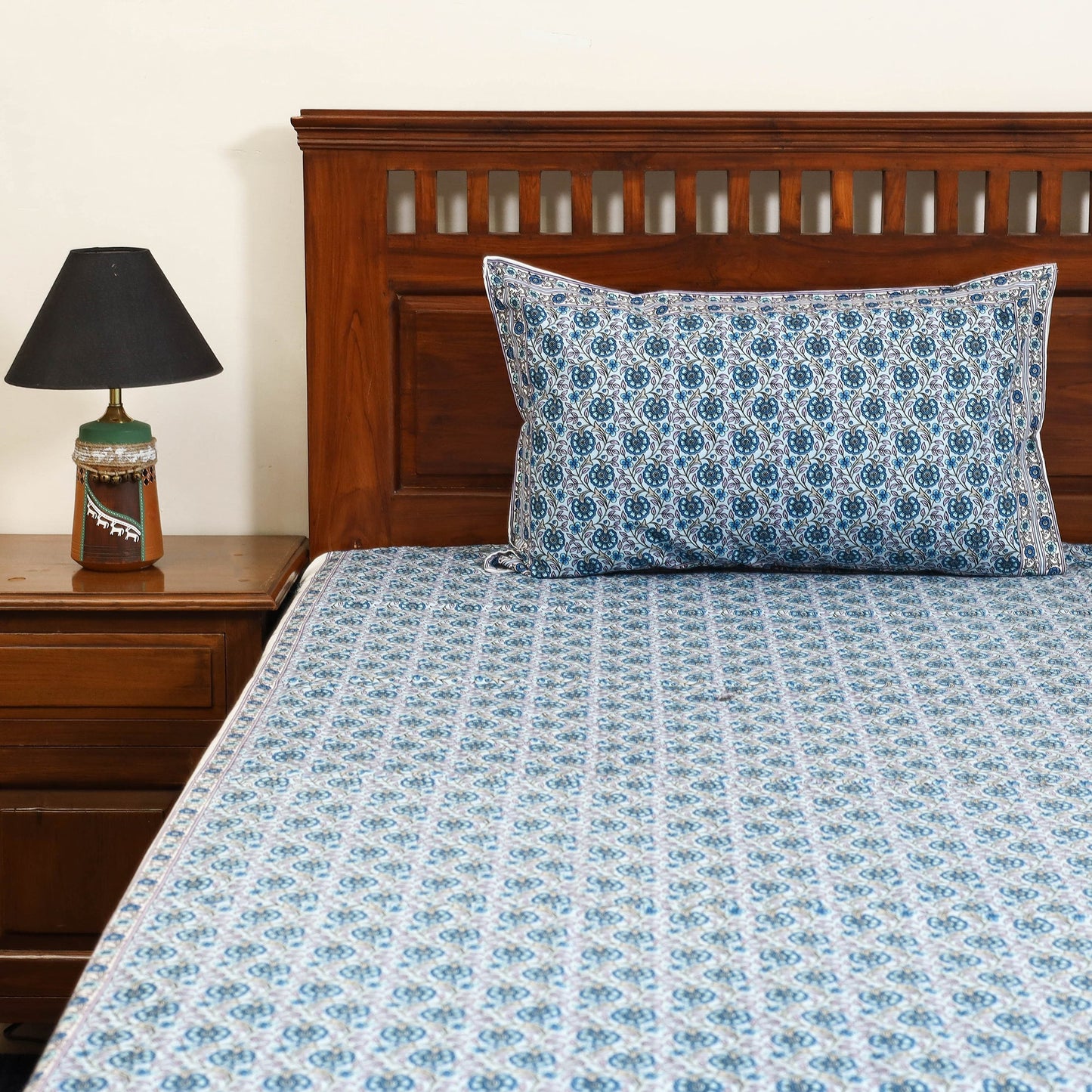 Blue - cotton double sanganeri bed sheet set (108 x 90 in)