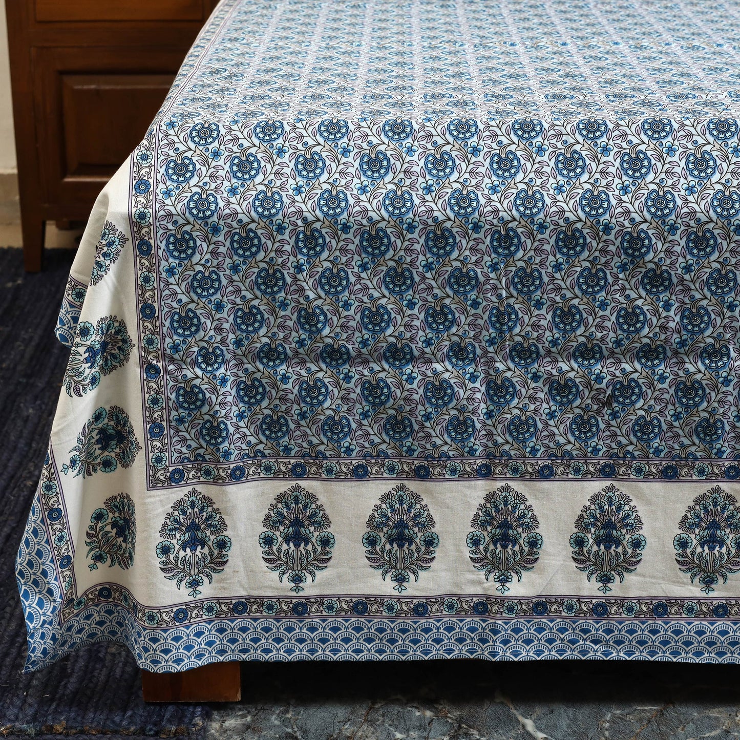 Blue - cotton double sanganeri bed sheet set (108 x 90 in)