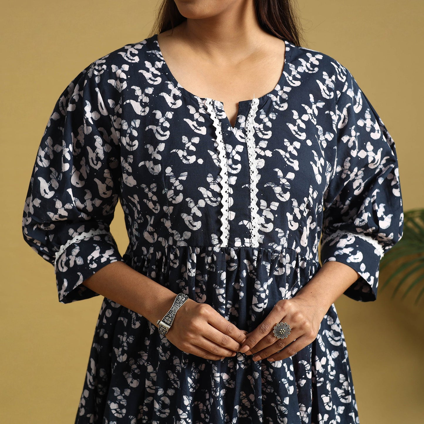 Blue Cotton Flared Hand Batik Print Dress