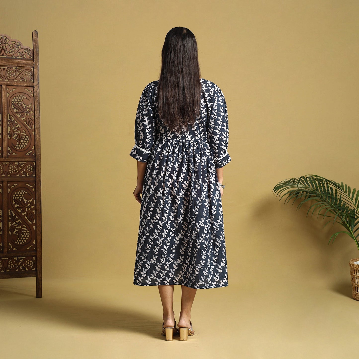 Blue Cotton Flared Hand Batik Print Dress