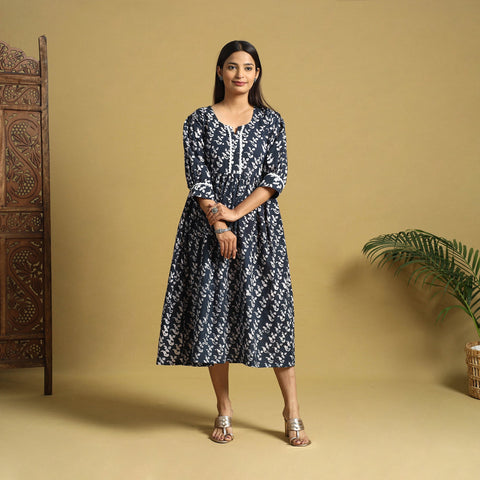 Blue Cotton Flared Hand Batik Print Dress