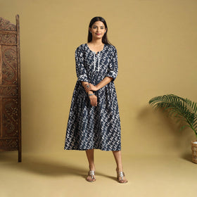 Blue Cotton Flared Hand Batik Print Dress