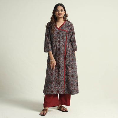 Buy Block Print Cotton Flared Ajrakh Kurta with Palazzo Set