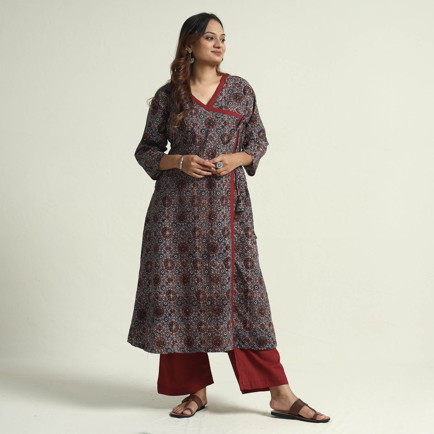 Buy Block Print Cotton Flared Ajrakh Kurta with Palazzo Set