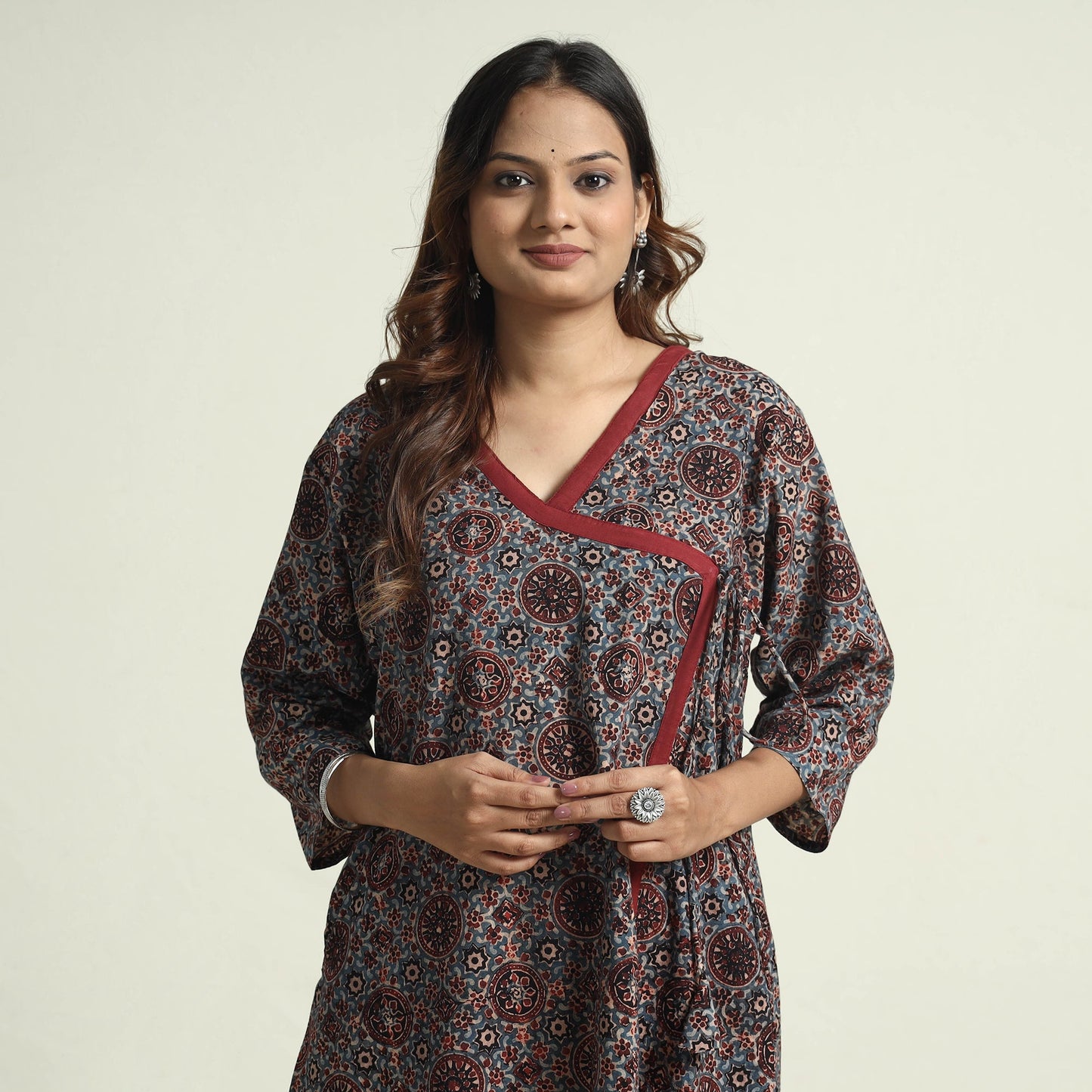 Buy Block Print Cotton Flared Ajrakh Kurta with Palazzo Set