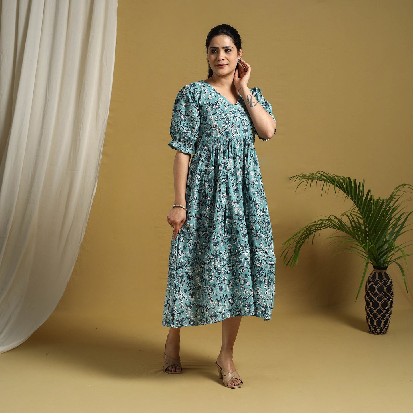 Buy Blue Block Print Cotton Frill Sanganeri Dress