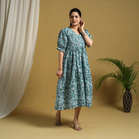 Buy Blue Block Print Cotton Frill Sanganeri Dress