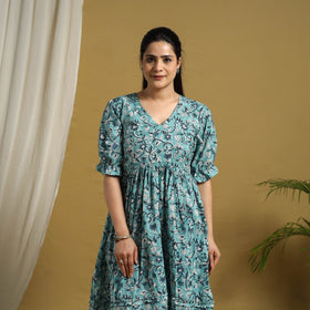 Buy Blue Block Print Cotton Frill Sanganeri Dress