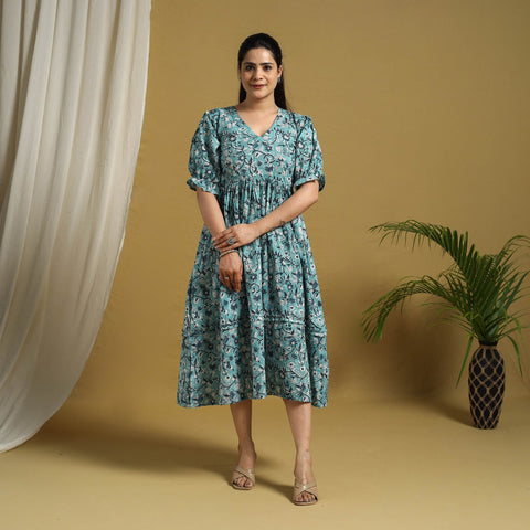 Buy Blue Block Print Cotton Frill Sanganeri Dress