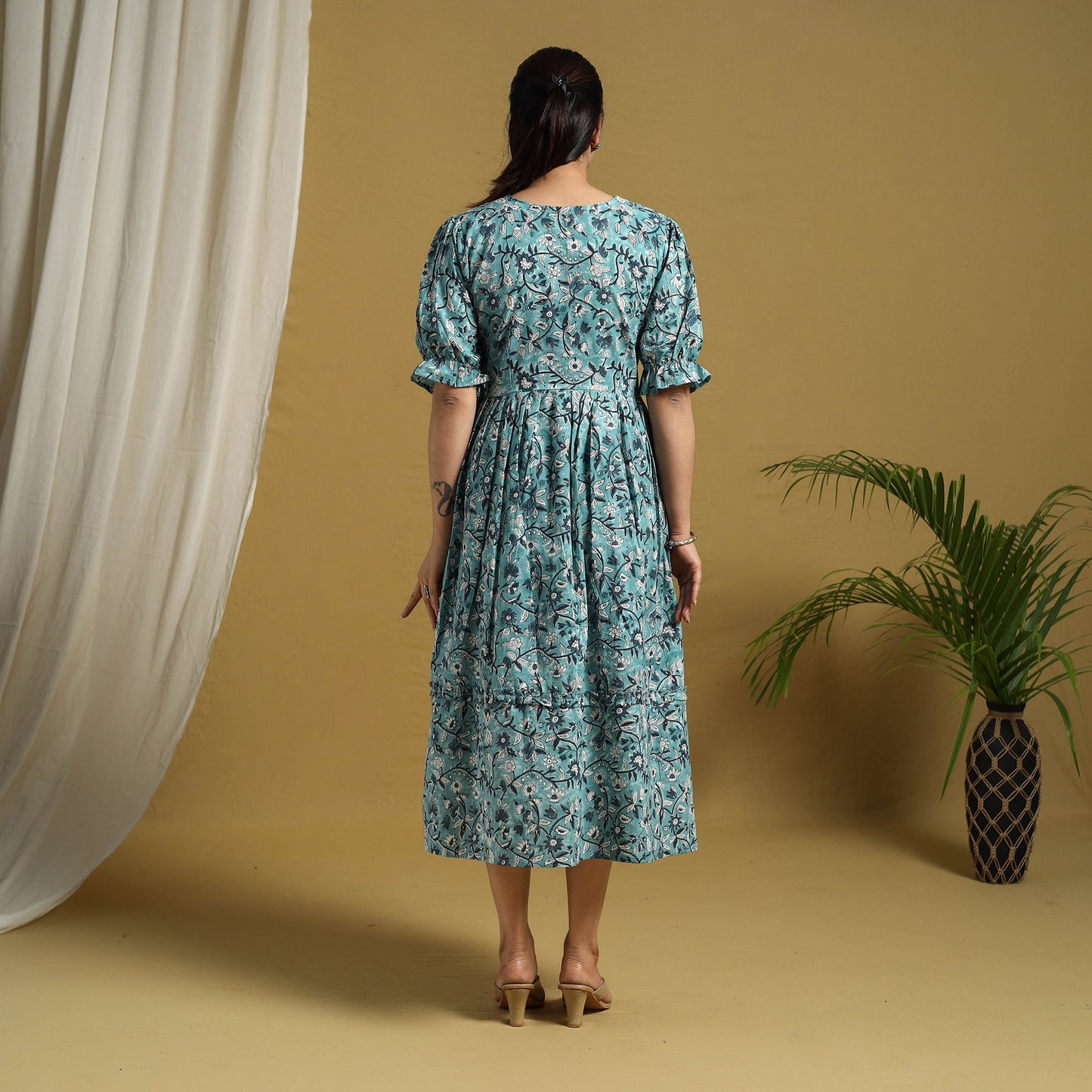 Buy Blue Block Print Cotton Frill Sanganeri Dress