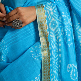 Buy Blue Cotton Hand Batik Print Saree with Blouse Piece
