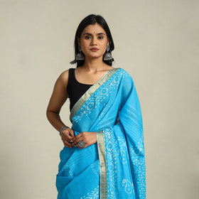 Buy Blue Cotton Hand Batik Print Saree with Blouse Piece