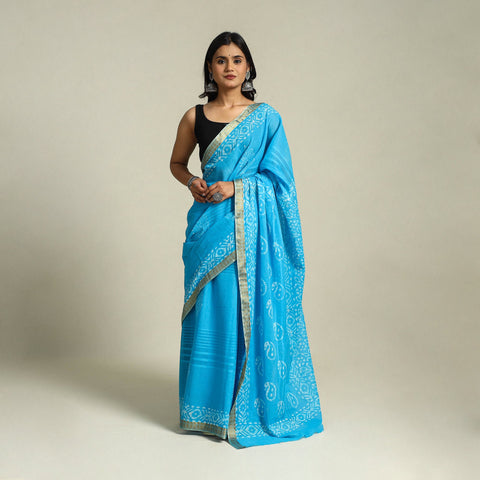 Buy Blue Cotton Hand Batik Print Saree with Blouse Piece