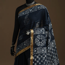 Blue - cotton hand batik saree with blouse 20 - handcrafted