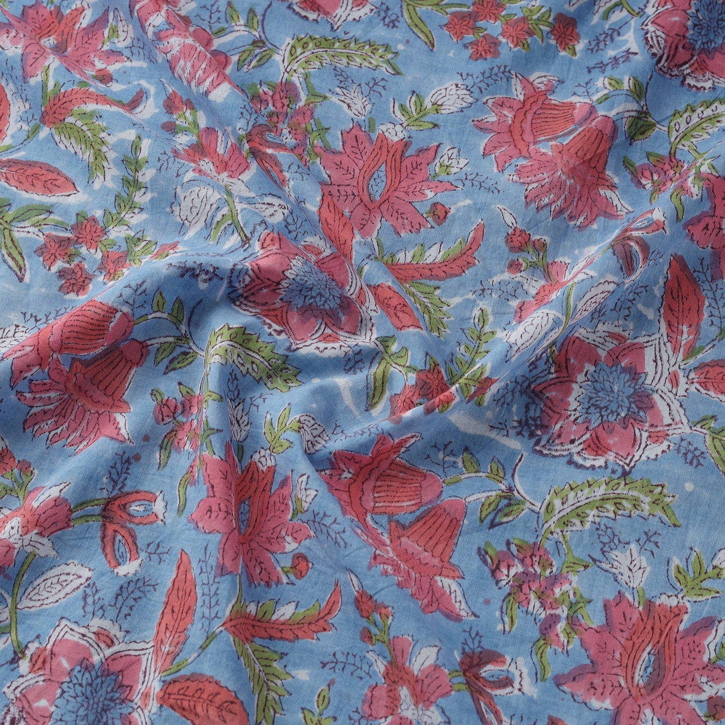 Blue - Cotton Hand Block Sanganeri Print Fabric 02