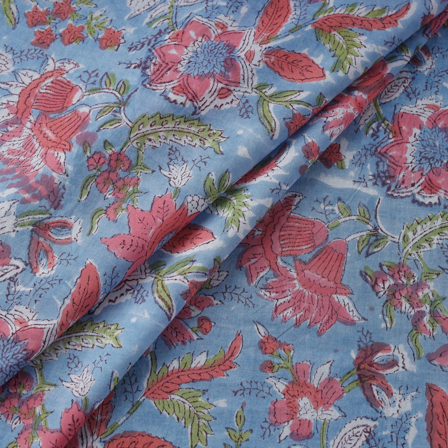 Blue - Cotton Hand Block Sanganeri Print Fabric 02