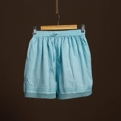 Buy Blue Cotton Hand Embroidery Chikankari Short