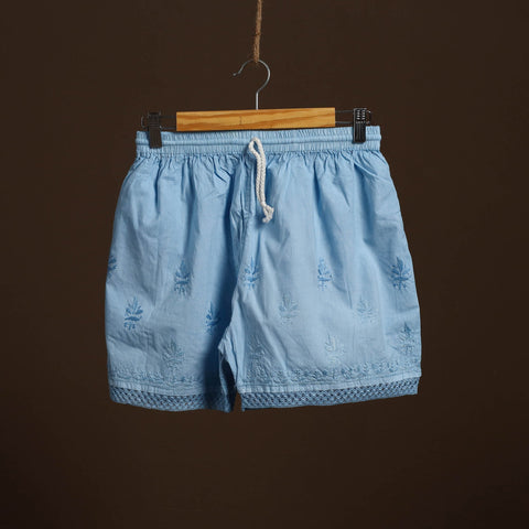 Buy Blue Cotton Hand Embroidery Chikankari Short