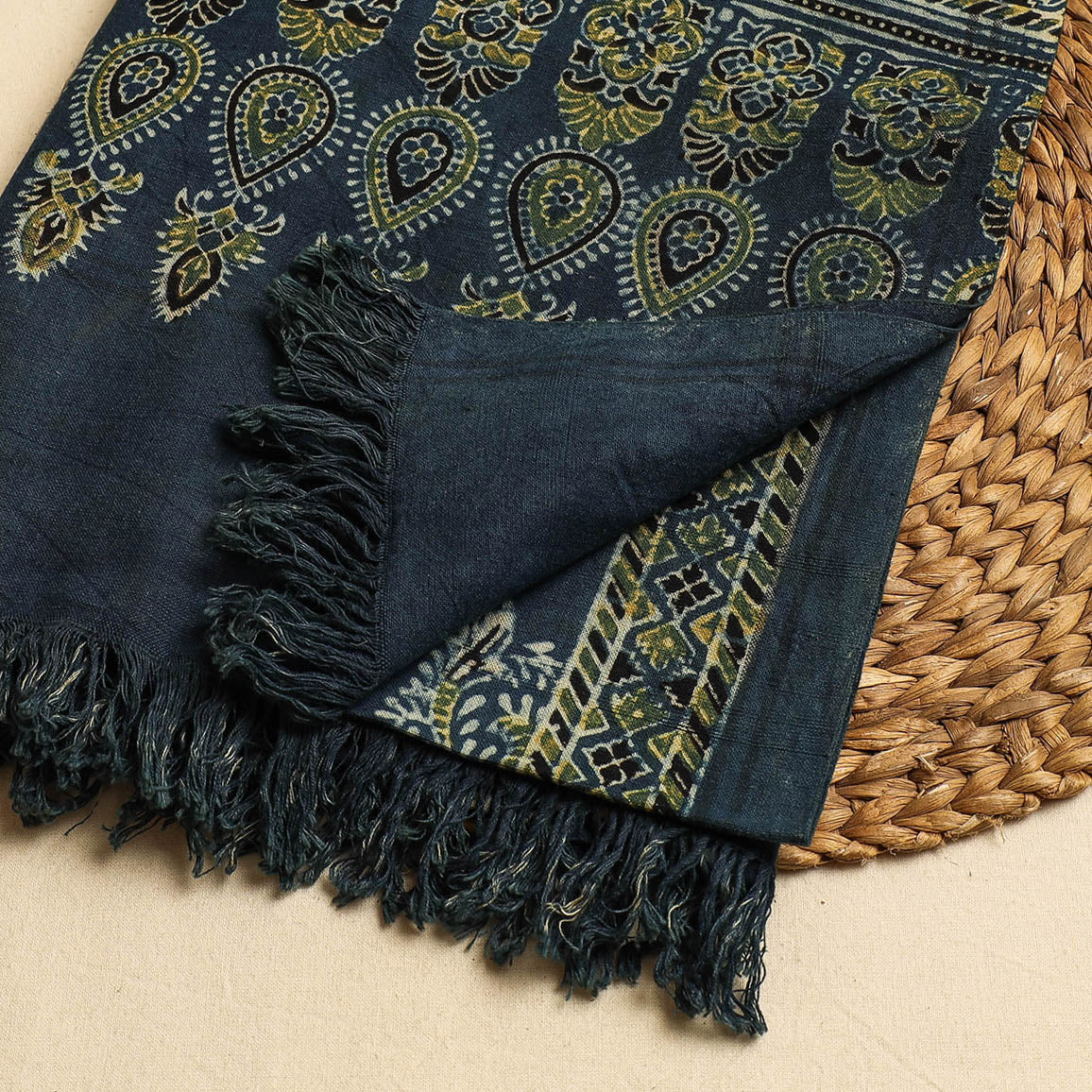 Blue Block Print Cotton Ajrakh Handloom Towel