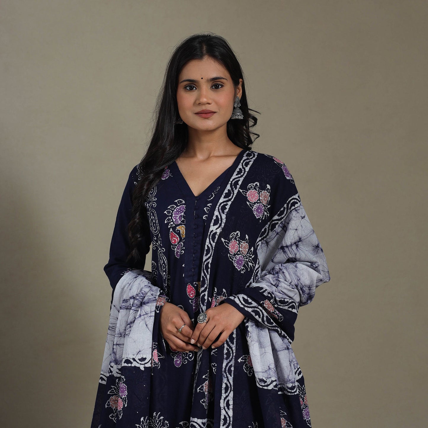 Blue Cotton Indonesian Hand Batik Print Kurta Set (Set of 3)