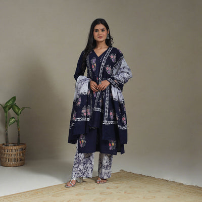 Blue Cotton Indonesian Hand Batik Print Kurta Set (Set of 3)