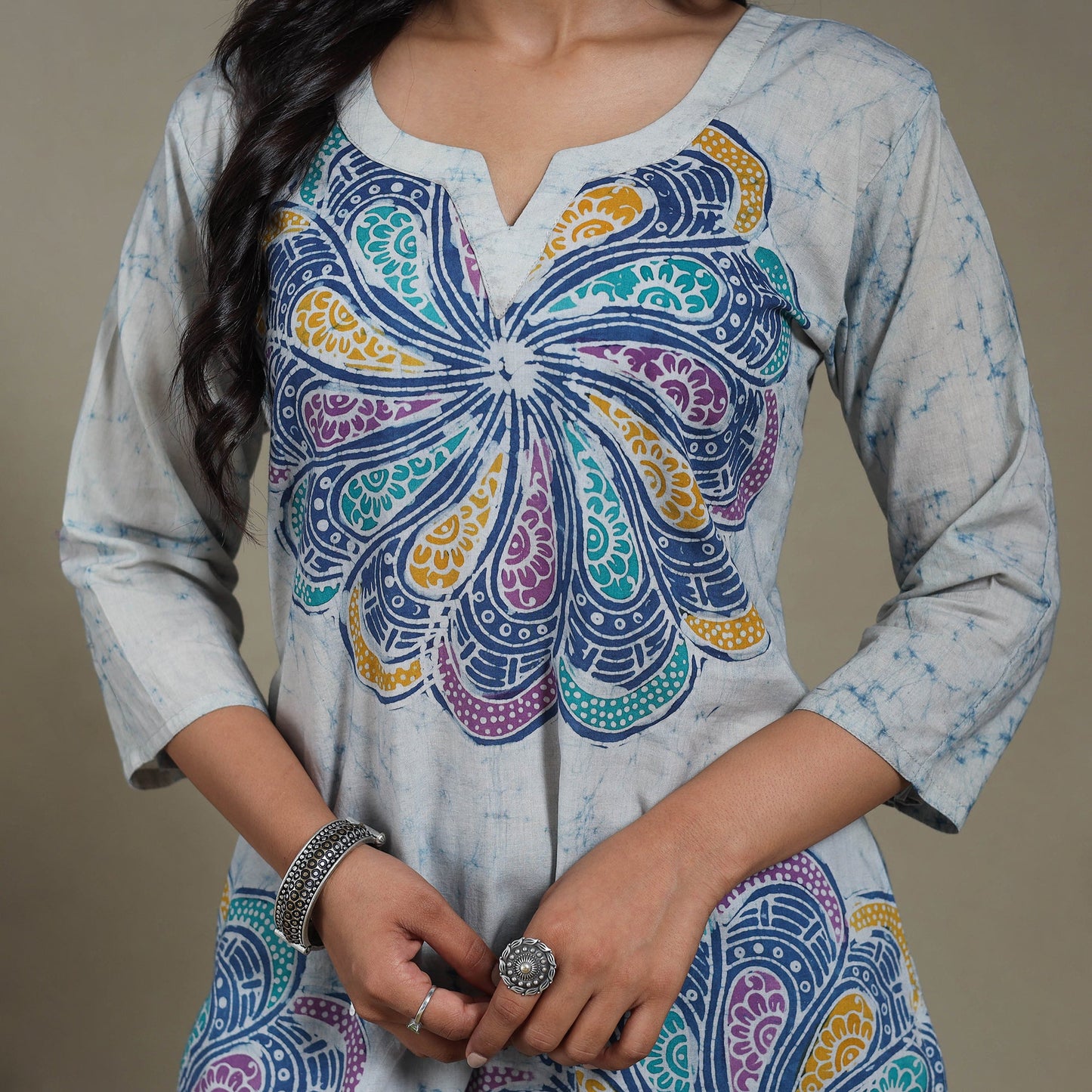 Blue Cotton Indonesian Hand Batik Print Kurta Set (Set of 3)