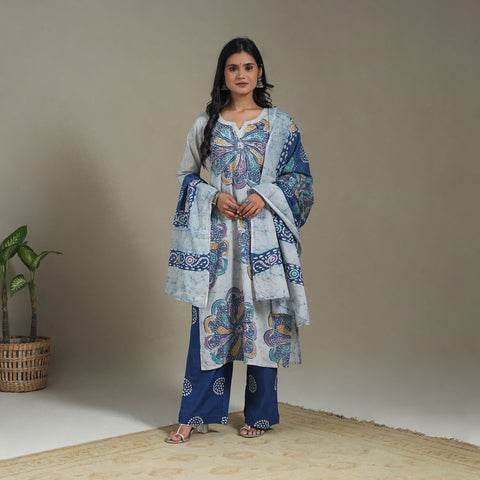 Blue Cotton Indonesian Hand Batik Print Kurta Set (Set of 3)