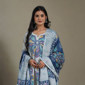 Blue Cotton Indonesian Hand Batik Print Kurta Set (Set of 3)