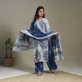 Blue Cotton Indonesian Hand Batik Print Kurta Set (Set of 3)