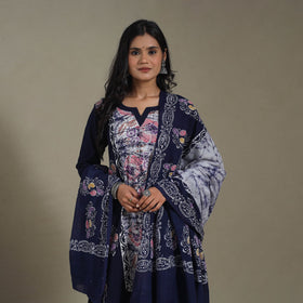 Blue Cotton Indonesian Hand Batik Print Kurta Set (Set of 3)